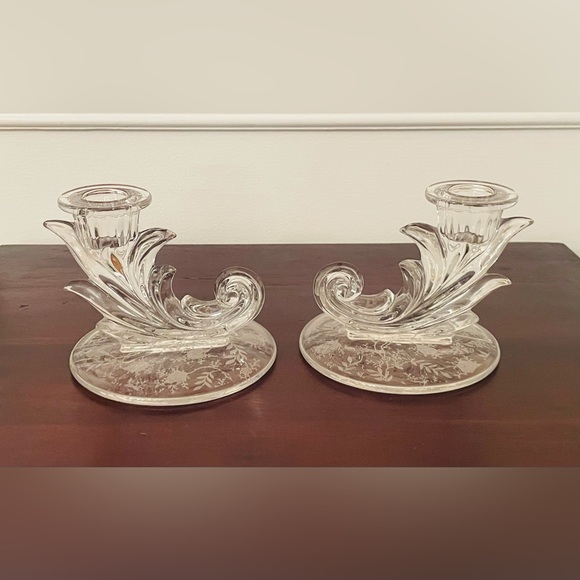 Absolutely Adorable Fostoria Baroque Crystal Candlestick Pair Etched Base 3.75” - Picture 2 of 12